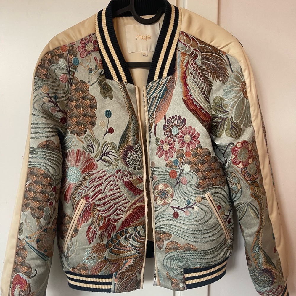Maje Embroidered Bomber Jacket in Sage, Red, Gold